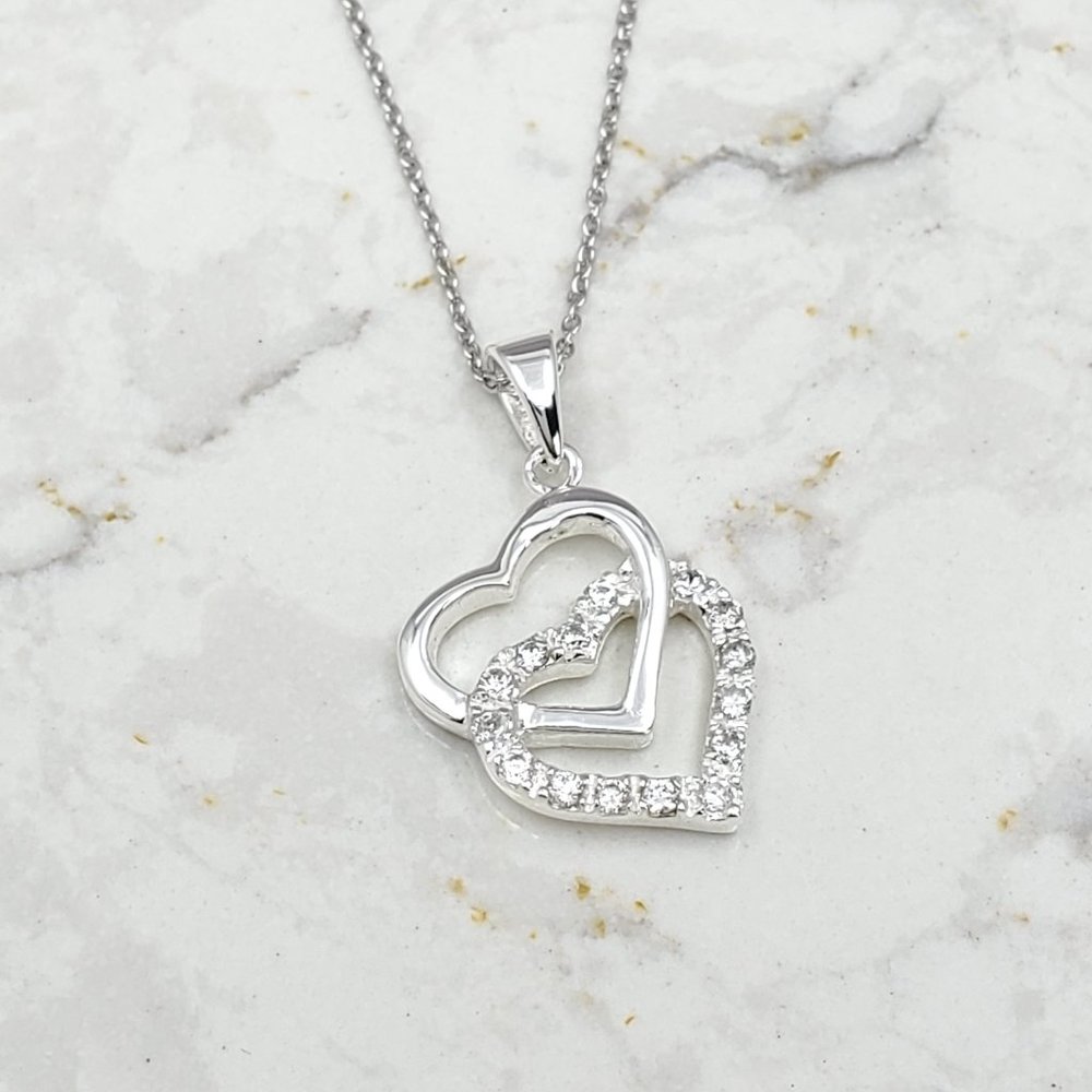 Sterling Silver CZ Interlock Double Heart Pendant